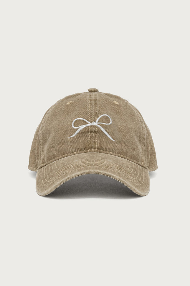 Embroidered Bow Washed Baseball Cap - Brown