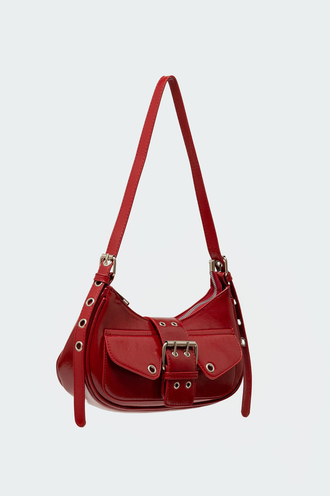 Washed Faux Leather Buckle Bag - Burgundy