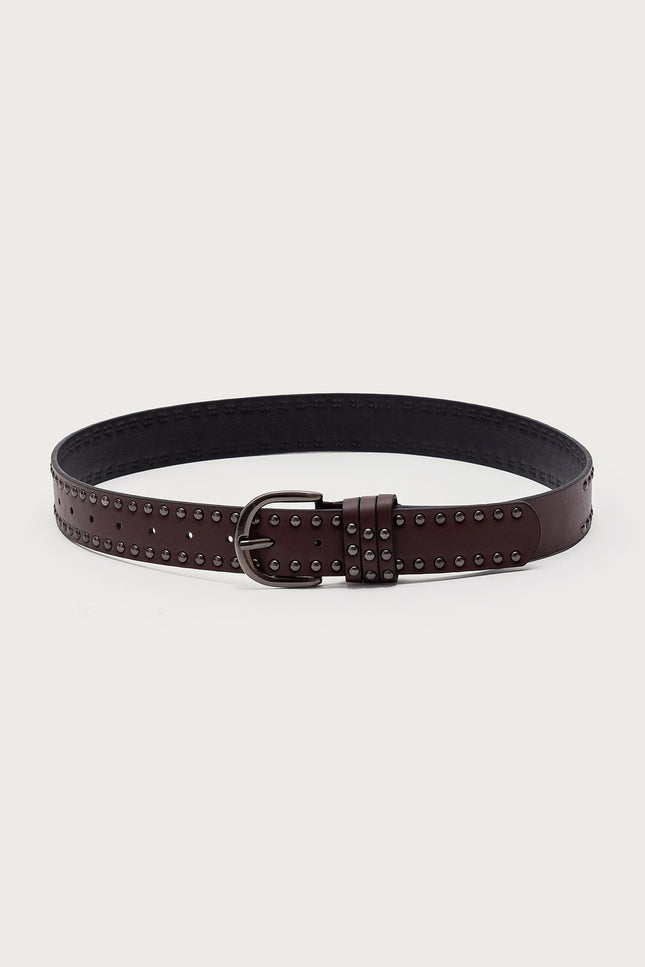 Studded Faux Leather Belt - Brown