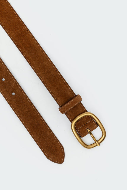 Oval Buckle Faux Suede Belt - Brown