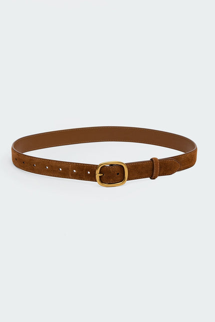 Oval Buckle Faux Suede Belt - Brown