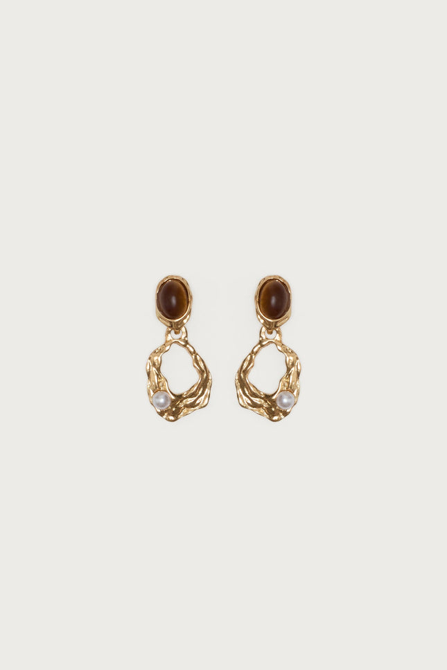 Faux Tiger Eye Abstract Earrings - Gold