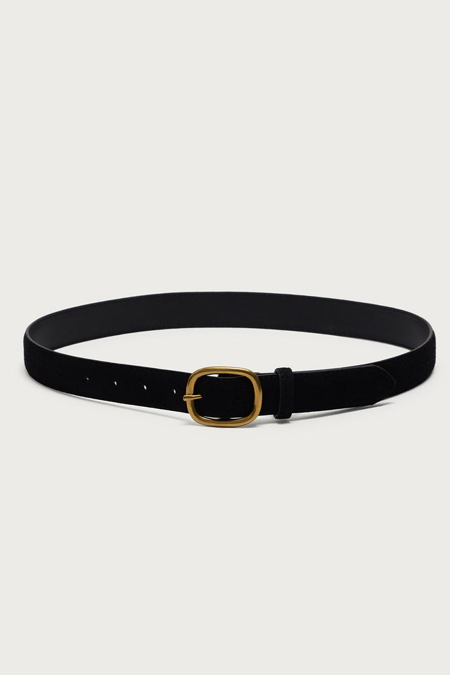 Oval Buckle Faux Suede Belt - Black
