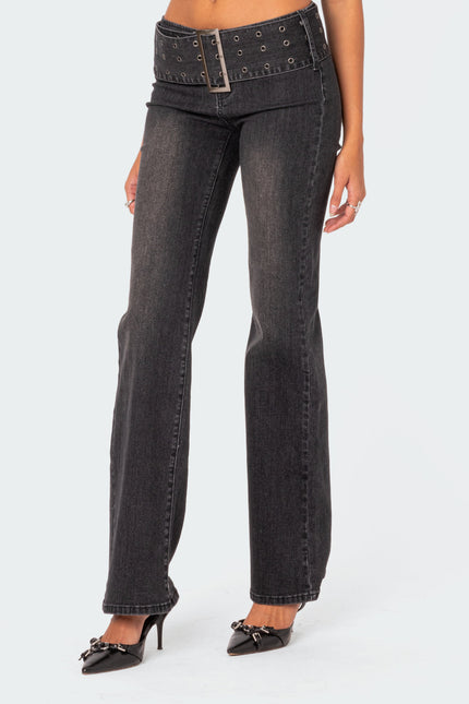 Buckle Belt Washed Low Rise Flared Jeans
