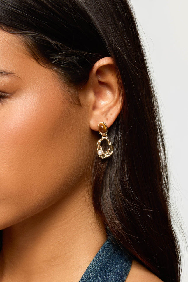 Faux Tiger Eye Abstract Earrings - Gold
