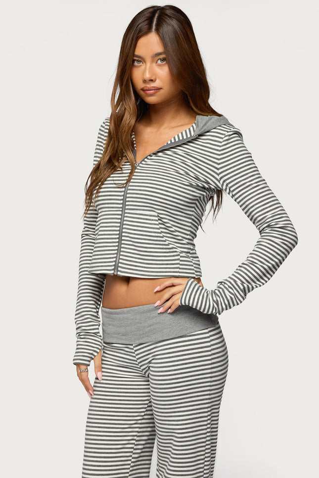 Meggy Striped Zip Up Hoodie - Gray And White