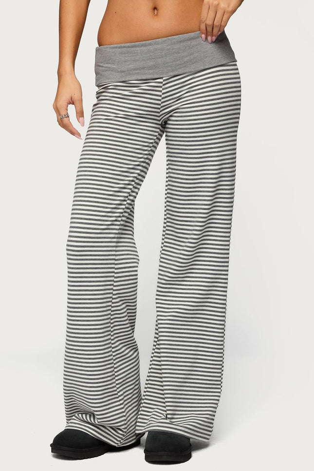 Meggy Striped Foldover Pants - Gray And White
