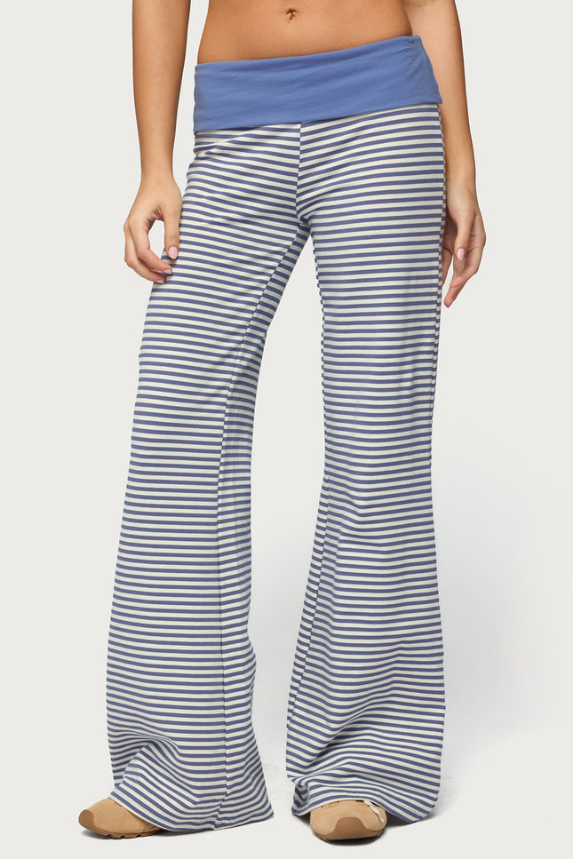 Meggy Striped Foldover Pants - Light Blue And White