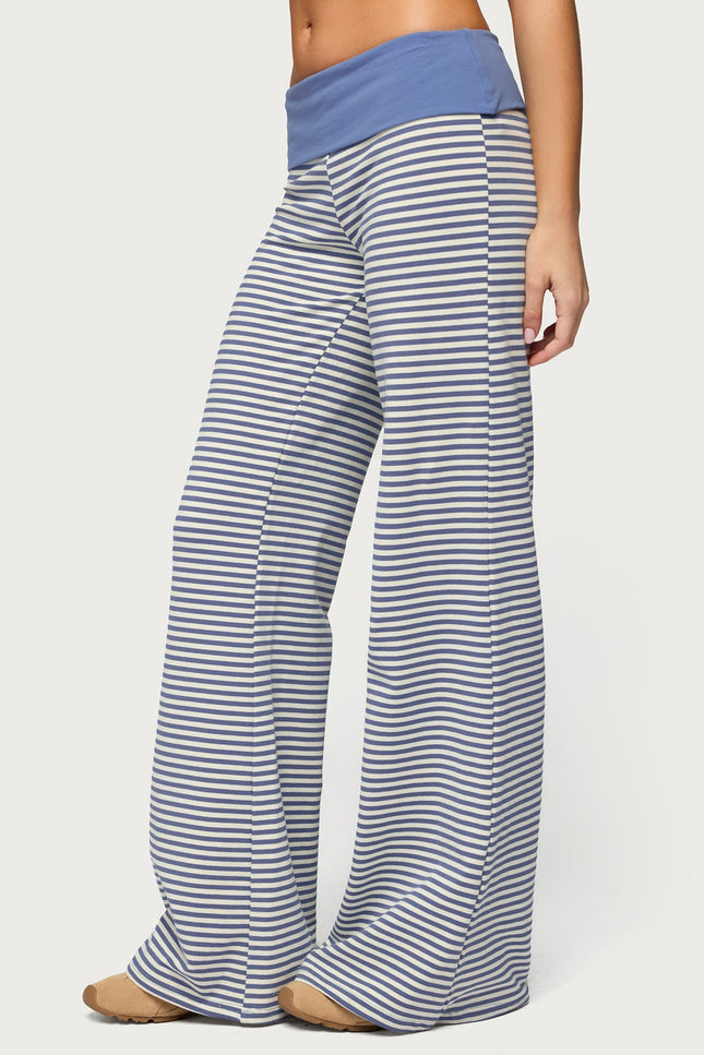 Meggy Striped Foldover Pants - Light Blue And White