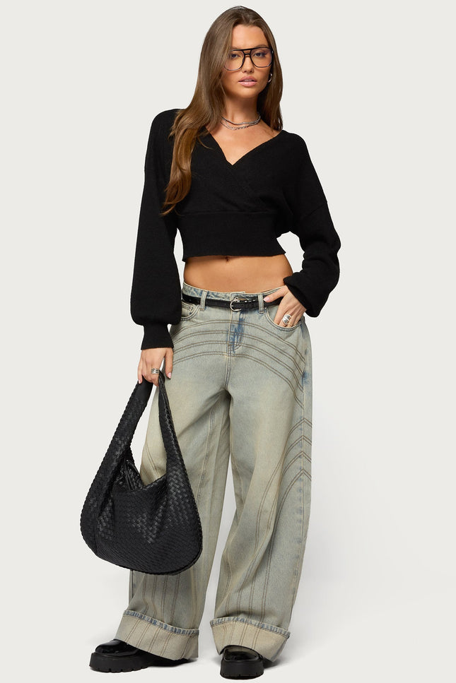 Cuffed Low Rise Baggy Jeans - Blue Vintage Washed
