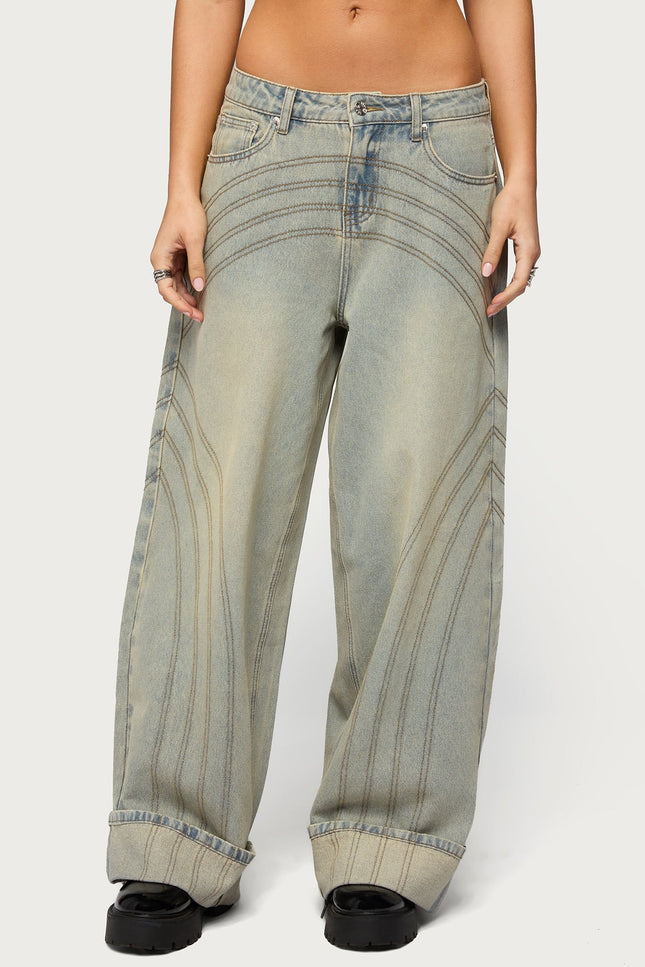Cuffed Low Rise Baggy Jeans - Blue Vintage Washed