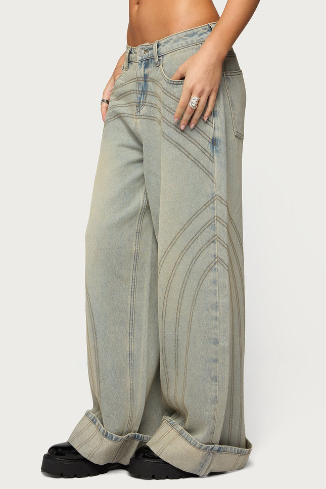 Cuffed Low Rise Baggy Jeans - Blue Vintage Washed