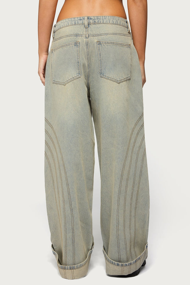 Cuffed Low Rise Baggy Jeans - Blue Vintage Washed