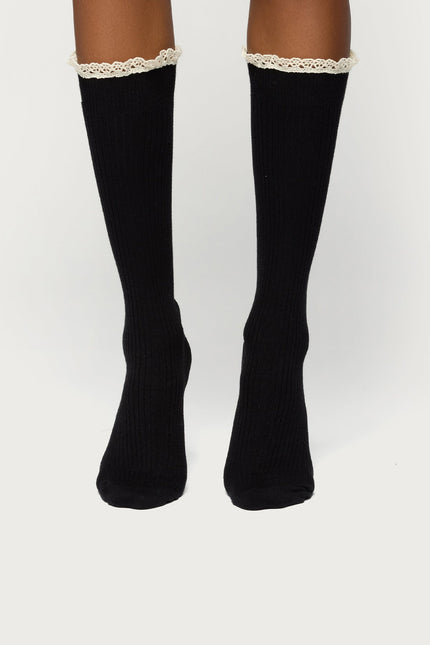 Lacey Ruffle Knee High Socks - Black