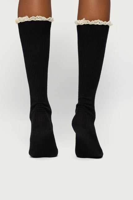 Lacey Ruffle Knee High Socks - Black