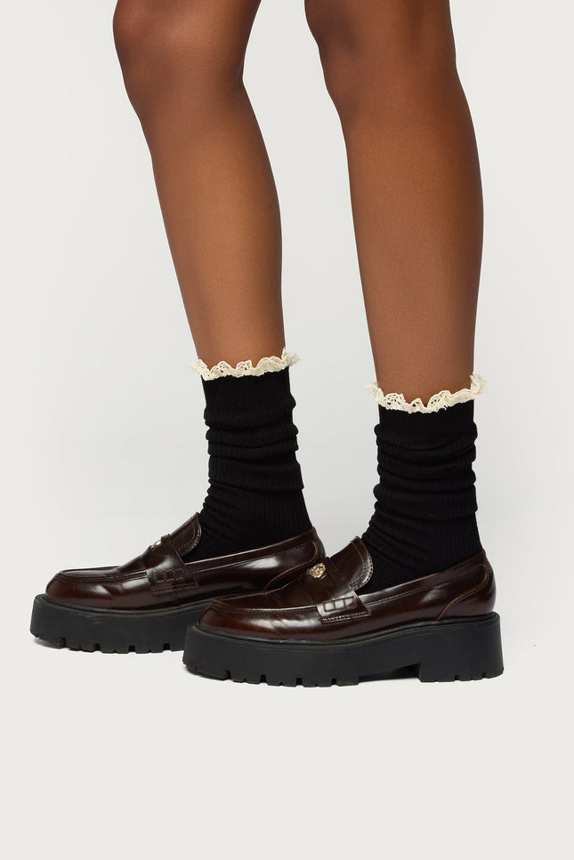 Lacey Ruffle Knee High Socks - Black