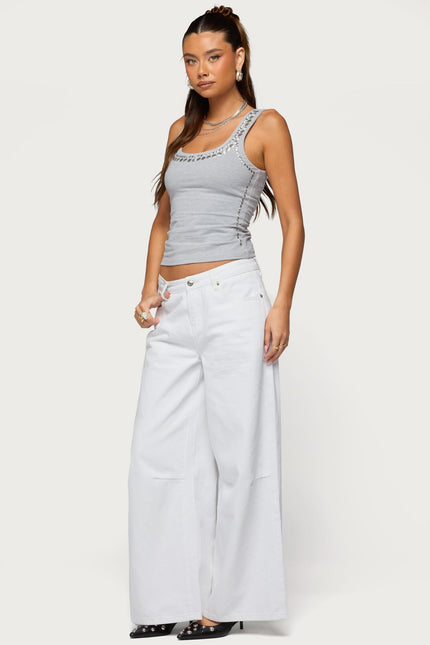 Studded Built In Bra Tank Top - Gray Melange