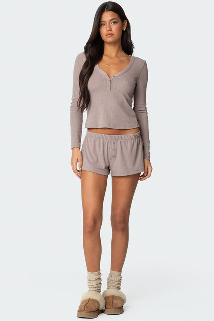 Keely Pointelle Henley Top - Brown