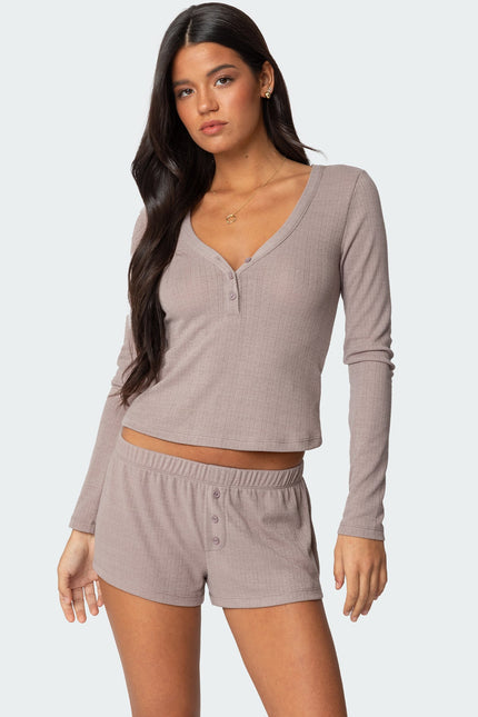 Keely Pointelle Henley Top - Brown