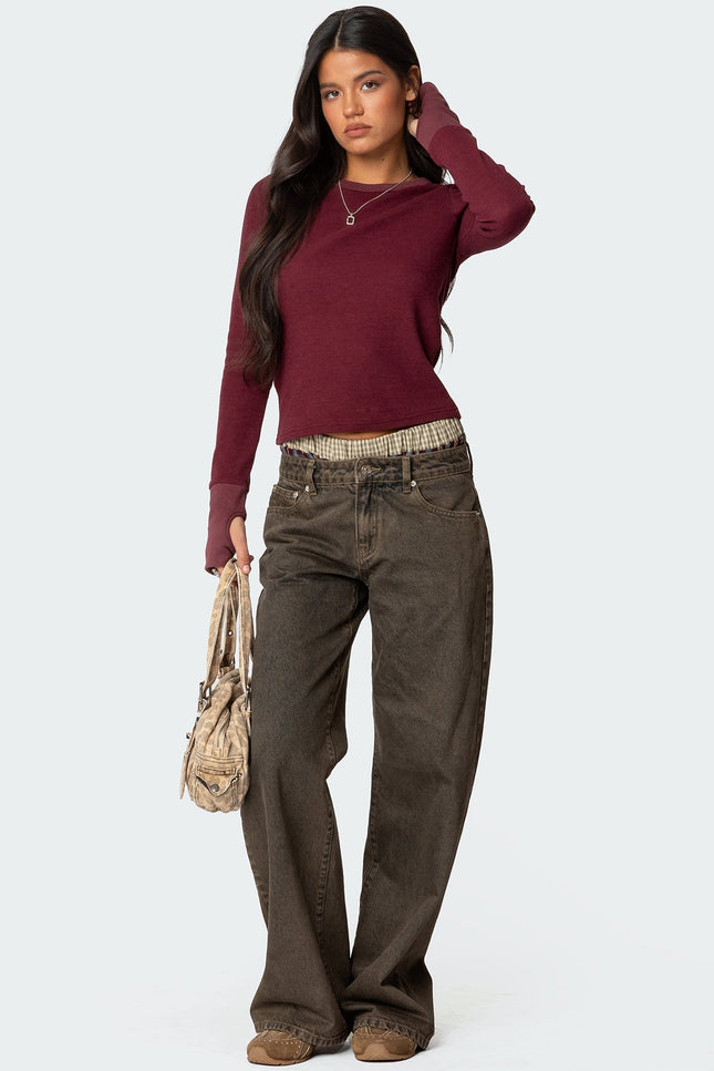 Waffle Long Sleeve T Shirt - Burgundy