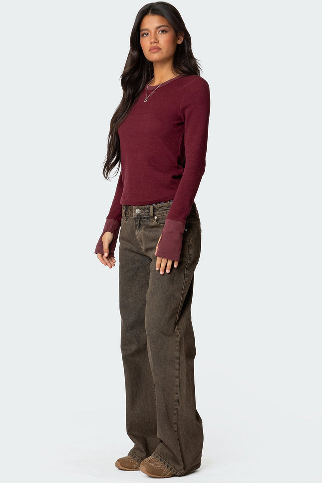 Waffle Long Sleeve T Shirt - Burgundy