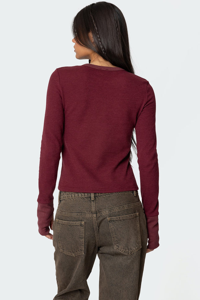 Waffle Long Sleeve T Shirt - Burgundy