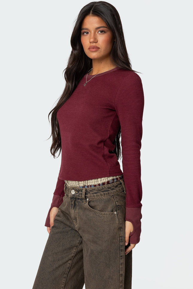 Waffle Long Sleeve T Shirt - Burgundy