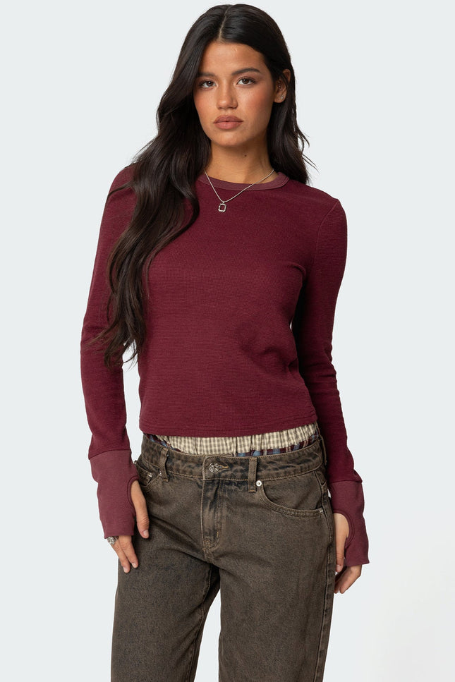 Waffle Long Sleeve T Shirt - Burgundy