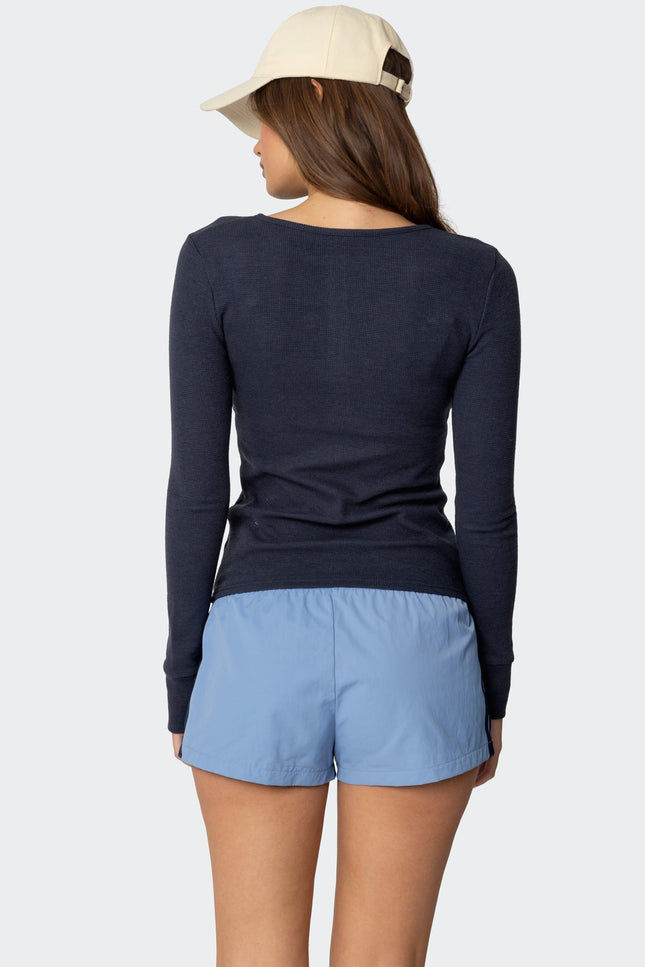 Helaine Waffle Henley T Shirt - Dark Blue