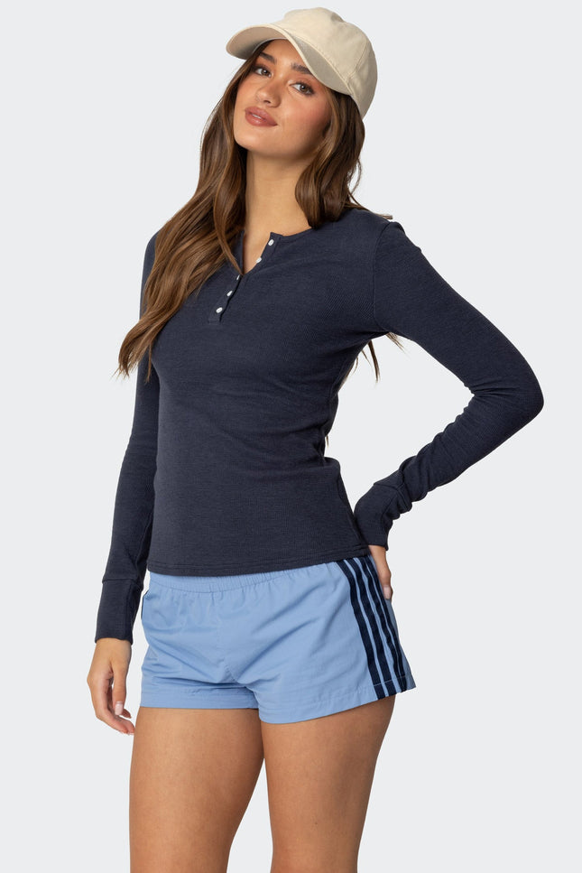Helaine Waffle Henley T Shirt - Dark Blue