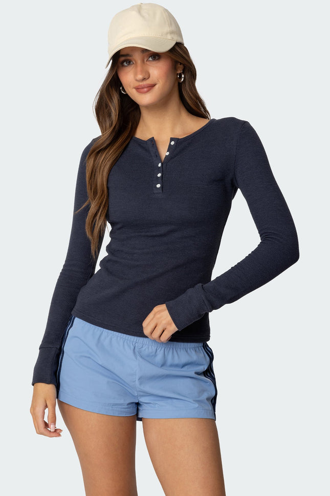 Helaine Waffle Henley T Shirt - Dark Blue