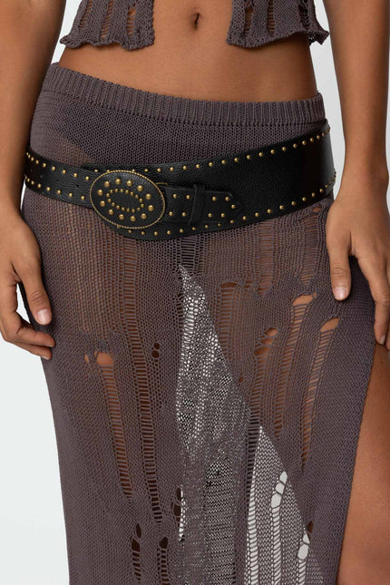Studded Faux Leather Western Belt - Black