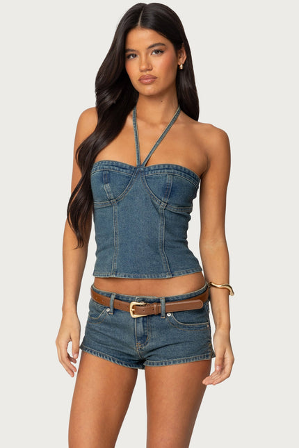 Jagger Denim Halter Top - Blue Washed