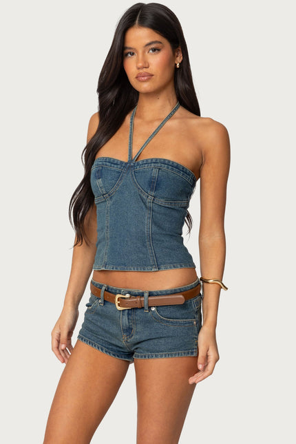 Jagger Denim Halter Top - Blue Washed
