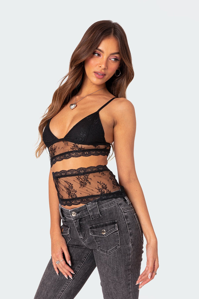 Spice Cut Out Sheer Lace Tank Top - Black