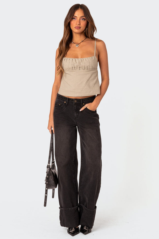 Linen Look Open Back Top - Olive