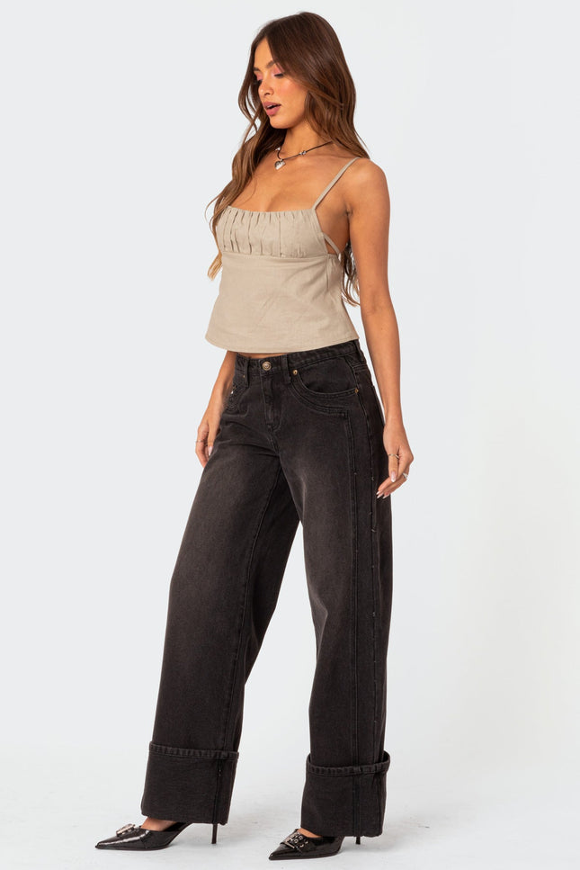 Linen Look Open Back Top - Olive