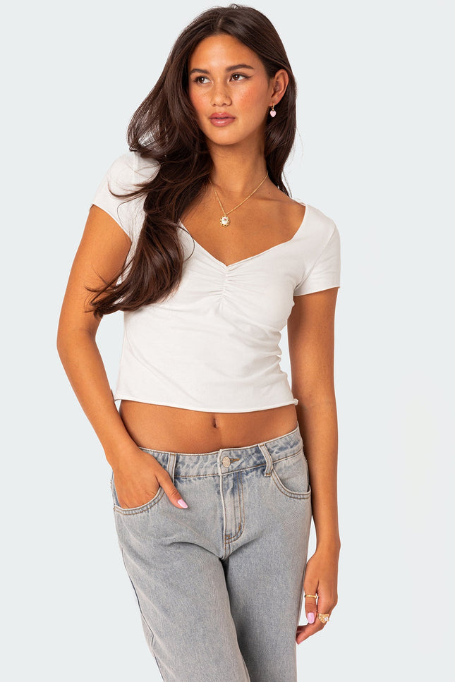 Ava V Neck Ruched Top - White