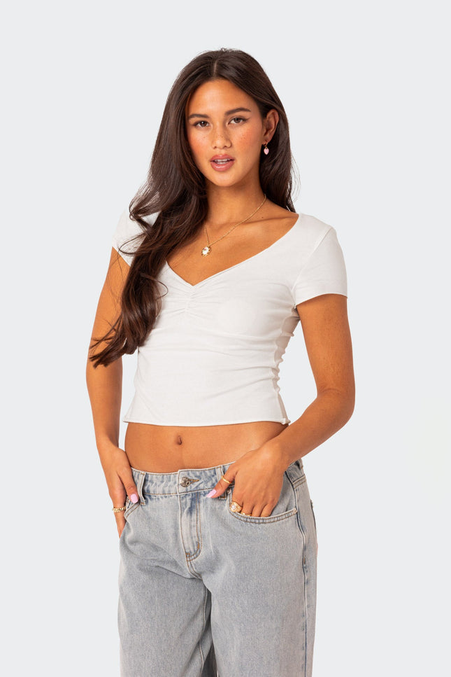 Ava V Neck Ruched Top - White
