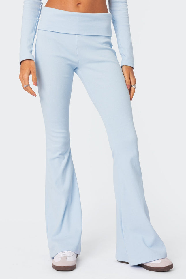 Coffee Break Ribbed Flare Leggings - Light Blue