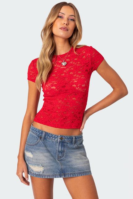 Kaori Sheer Lace Top - Red
