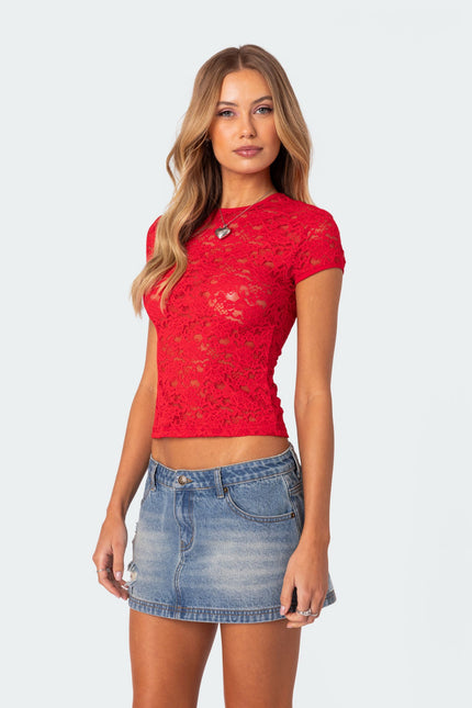 Kaori Sheer Lace Top - Red