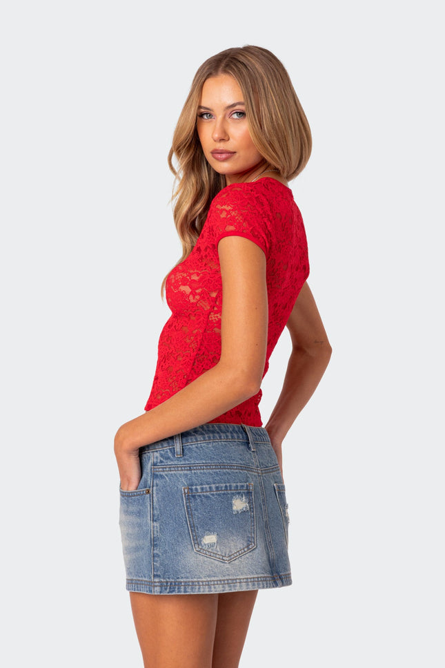 Kaori Sheer Lace Top - Red