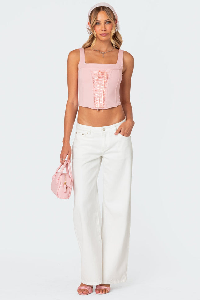 Bow Pocket Low Rise Baggy Jeans - White