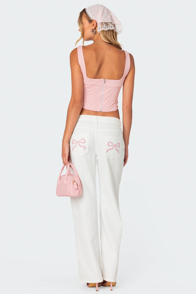 Bow Pocket Low Rise Baggy Jeans - White