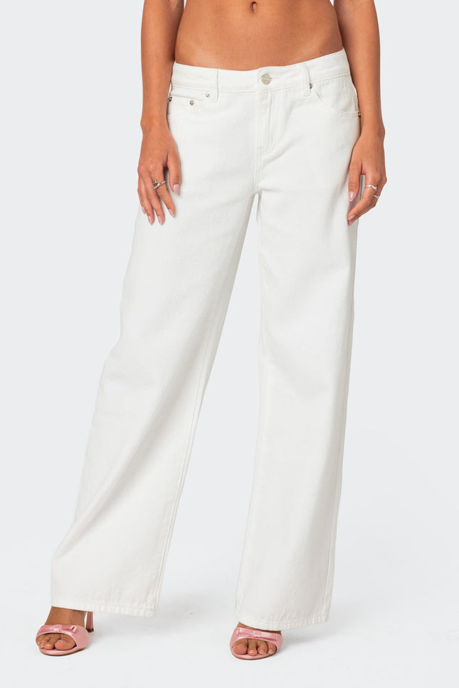Bow Pocket Low Rise Baggy Jeans - White