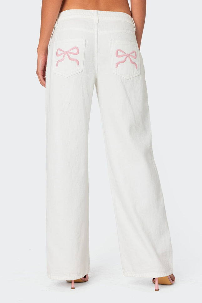 Bow Pocket Low Rise Baggy Jeans - White