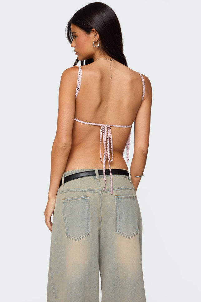 Backless Satin Effect Polka Dot Top - Light Pink