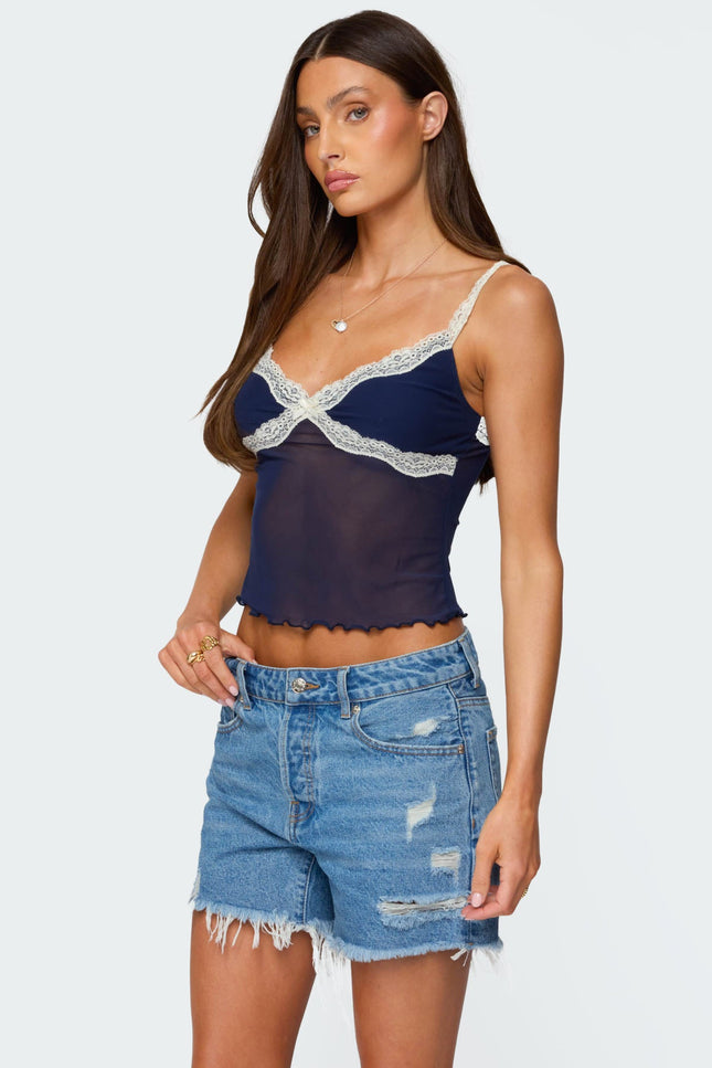Contrast Lacey Mesh Tank Top - Navy