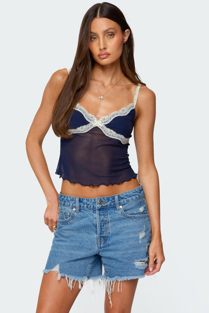 Contrast Lacey Mesh Tank Top - Navy